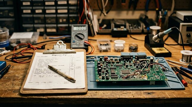 Electronics workbench with circuit board and testing equipment.
