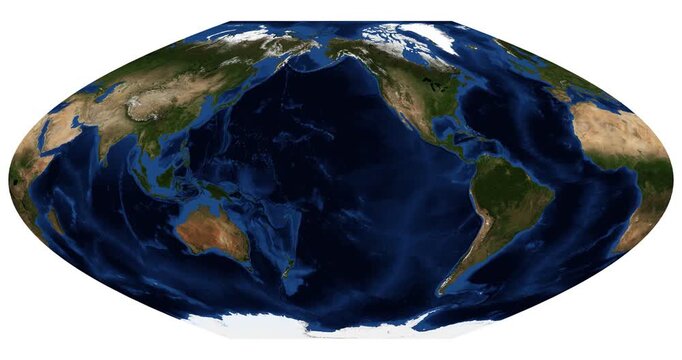 World Map in McBryde-Thomas projection. Detailed physical Earth map. Animated longitude shift rotation. June View. Elements of this video furnished by NASA.
