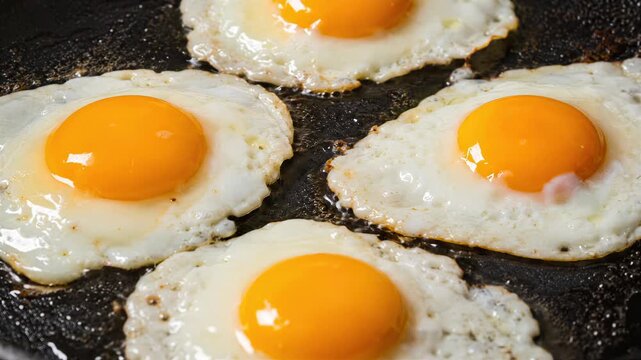 Four eggs frying sunny-side up in a pan, golden yolks sizzling in white albumen for breakfast cooking.