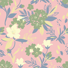 Fototapeta premium Beautiful seamless vector floral pattern with soft pastel green, yellow and blue blossoms over a dusty pink background. Perfect for textile print.