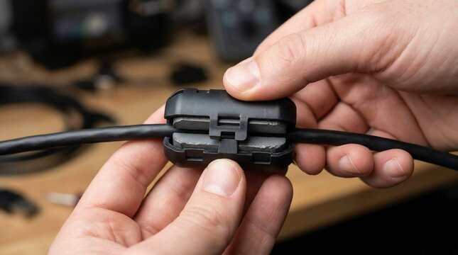 Hands installing a ferrite core filter on a black computer cable.
