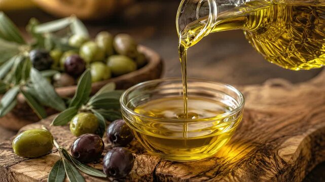 Pouring extra virgin olive oil from a crystal decanter into a bowl on rustic wood with olives.