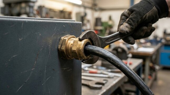Industrial worker tightening a brass cable gland with a wrench on electrical equipment.