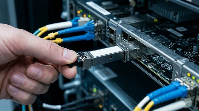 IT engineer installing fiber optic transceiver module into network switch.