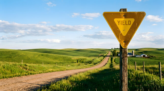 A yellow yield sign stands on a dirt road in a green landscape.