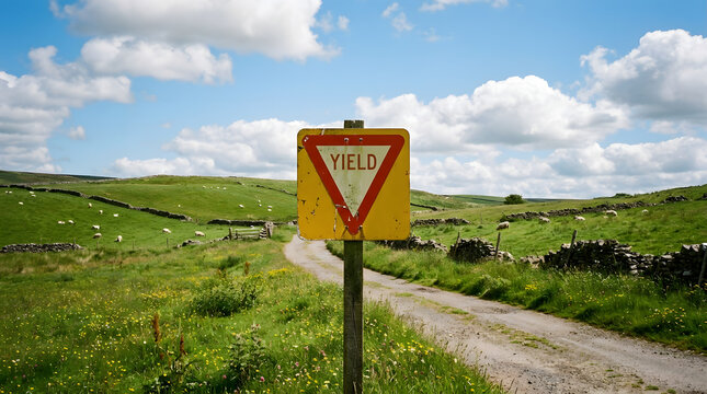 A yield sign stands on a dirt road in a green landscape with a blue sky.