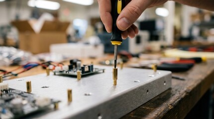 Fototapeta premium A technician using a screwdriver to assemble electronic components on a metal base in a workshop.