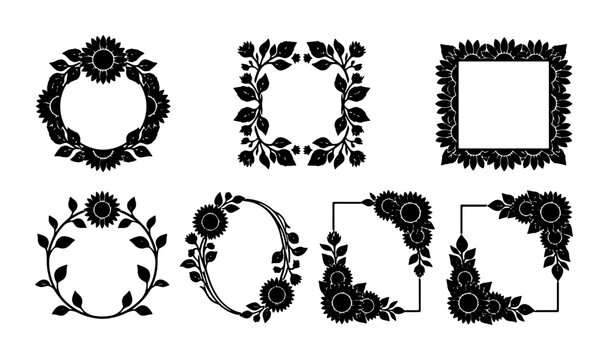 Black Sunflower Wreath and Frame Vector Set, Decorative Floral Borders for Cards and Invitations, Elegant Botanical Elements