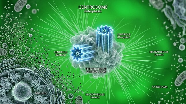 Microscopic view of centrioles in cellular mitosis with glowing green background and scientific data overlay