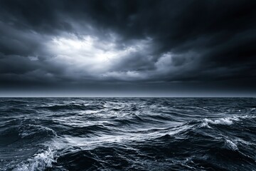 Fototapeta premium Stormy Sea Horizon Dark Dramatic Waves Heavy Clouds