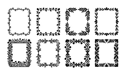 Fototapeta premium Set of 8 Hand-Drawn Floral Square Frames, Botanical Borders, Decorative Elements for Invitations, Cards, and Craft Projects, Black and White Vector Graphics