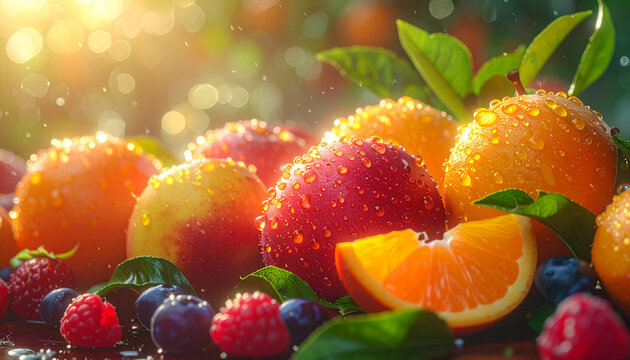 Fresh Assorted Fruits with Water Droplets in Bright Sunlight