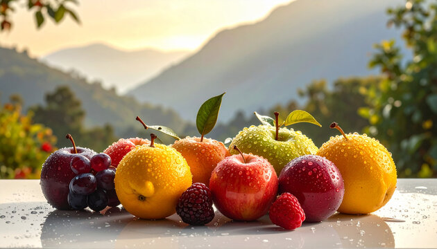 Fresh Organic Fruits with Water Drops on Mountain Landscape
