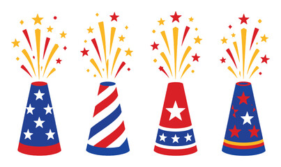 Fototapeta premium Four american flag fireworks in patriotic colors for holiday celebration