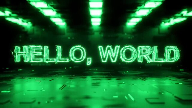 Green digital Hello World text in futuristic glowing server room