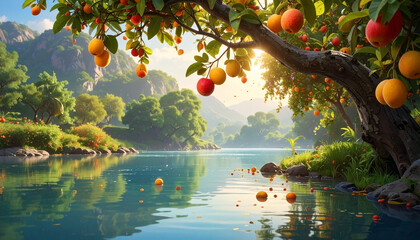 Idyllic landscape with fruit trees overhanging a serene river © zaki