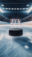 A black hockey puck glides across the ice in an electrifying arena atmosphere.