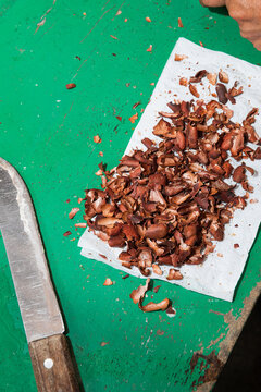 Cacao Shells on Table Surface