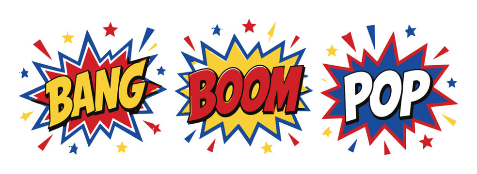 Comic book style speech bubble explosions with bang boom and pop sound effects set