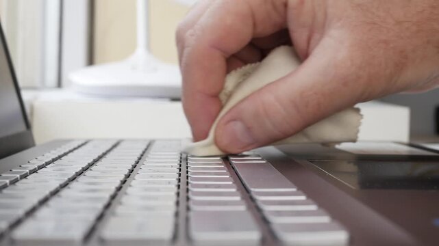 Person Hand Cleaning a Laptop Keyboard Closeup Detail