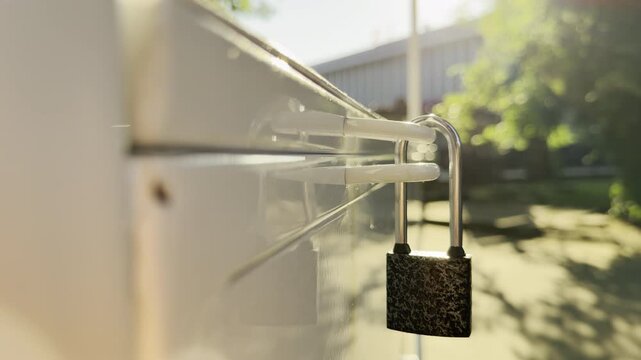 A white ice cream freezer stays locked securely with a metal padlock. It rests quietly on a sunny morning walkway, creating a calm and peaceful mood.