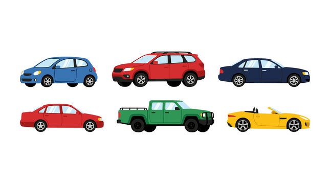 Set of different car types vector illustration with hatchback suv sedan pickup and convertible isolated on white background