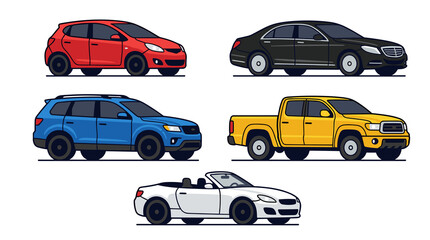 Modern car collection vector set featuring suv sedan hatchback pickup and convertible isolated on white © Liton