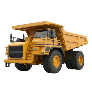 Large yellow dump truck for mining and construction work isolated on transparent background
