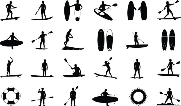 Stand up paddle boarding silhouette icons featuring surfers on boards with paddles in various poses