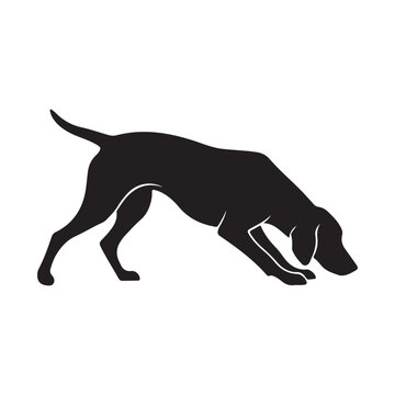 Black dog silhouette sniffing the ground hunting hound vector icon for tracking and search