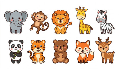 Fototapeta premium Wild Animals Vector Collection Featuring Lion Elephant Giraffe Zebra and Forest Wildlife