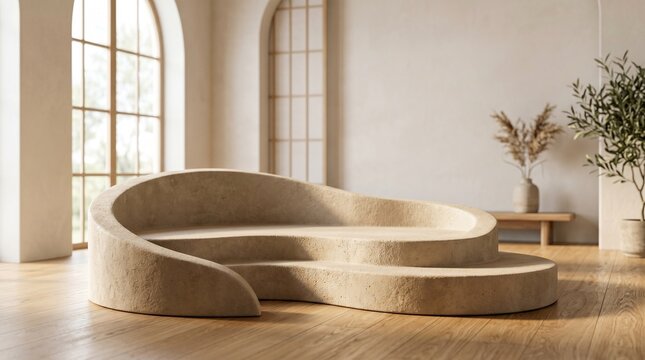 A minimalist Japandi interior featuring a curved stone-textured podium sofa on light wood floors with arched windows and natural greenery.