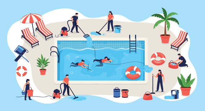 Professional maintenance crew cleaning an outdoor swimming pool using vacuum and nets in a modern flat vector illustration style.