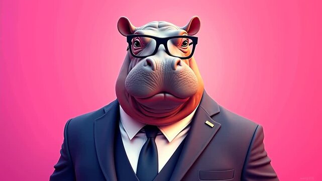 Hippo character in formal suit and glasses poses with a confident expression against a vibrant pink background, showcasing a playful yet professional demeanor