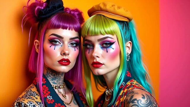 Two young women with colorful hairstyles and bold makeup pose closely together against a vibrant pink and orange background, showcasing their unique fashion styles and expressions