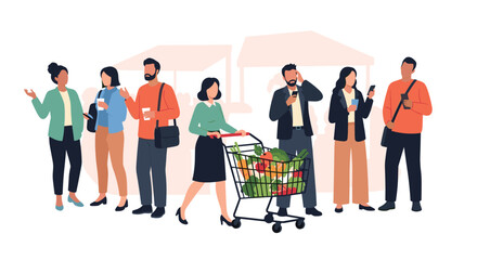 Obraz premium Diverse group of people standing in a long queue for grocery shopping with some talking and others on their phones.