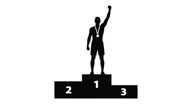 Athlete celebrating victory on podium with medal black silhouette