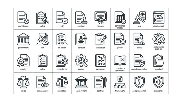 Compliance and regulatory icons for business and law on white background