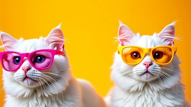 Two white cats wearing colorful glasses pose side by side against a bright yellow background, showcasing their playful and stylish appearance in a vibrant setting