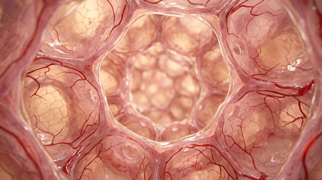 Close-up view of human tissue with visible blood vessels and cells in a medical illustration style