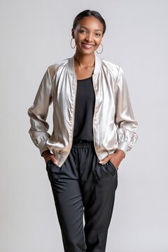 Smiling Woman Satin Blouson Full Body