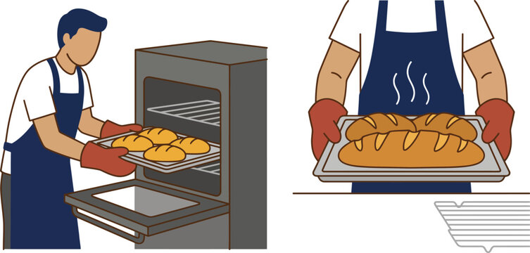 Baker Placing Bread Loaves in an Oven and Holding a Tray of Baked Bread