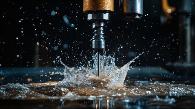 Industrial drilling machine head with water splash and cooling liquid during process