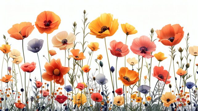 Simple design of vertical watercolor poppy flowers on a white background