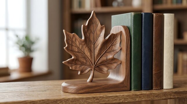 Stylish Wooden Maple Leaf Bookend and Books in a Home Library