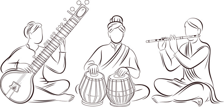 Indian musicians playing traditional instruments, sitar, tabla, flute, line art, vector illustration