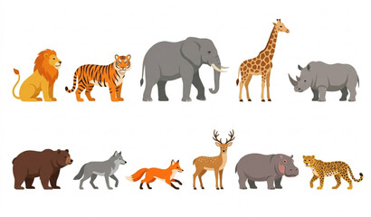 Fototapeta premium Wild Animals Vector Collection Featuring Lion Elephant Giraffe Zebra and Forest Wildlife