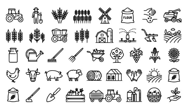 Farming and agriculture outline icon collection with tractor wheat field harvest windmill and rural elements vector set
