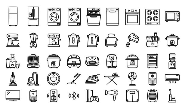 Household appliances line art icon set with kitchen electronics fridge vacuum oven washing machine vector illustration editable stroke