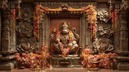 Fototapeta premium Intricate golden statue of Hindu deity surrounded by offerings.